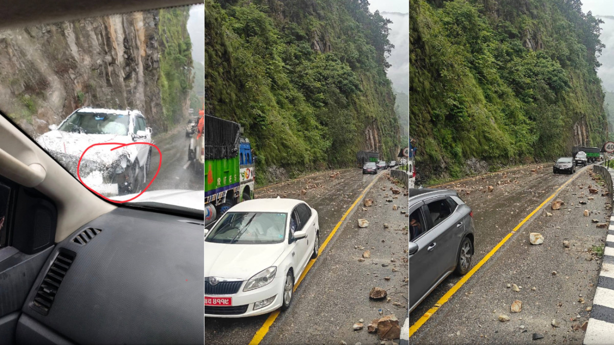 मुग्लिन–नारायणगढ सडकमा गुडिरहेको कारमा ढुंगा खसेर लाग्दा तीन जना घाइते